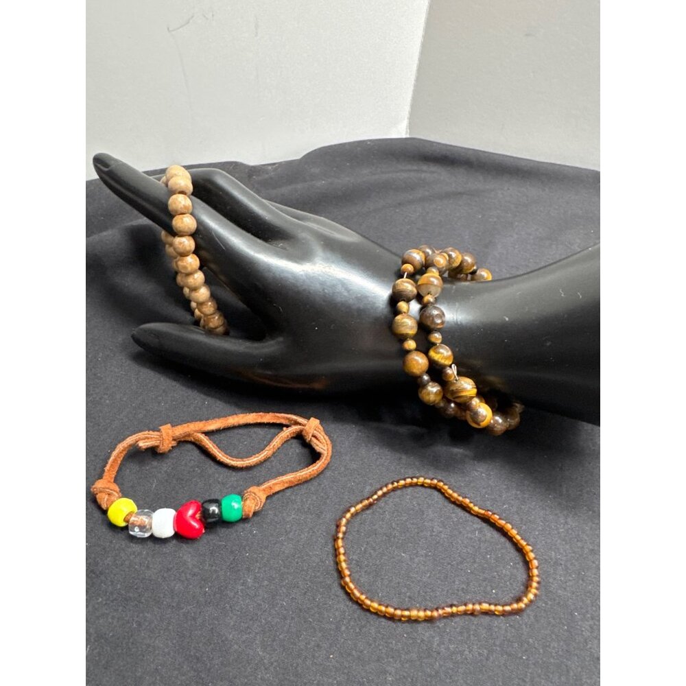 Assorted Lot 4 Beaded Bracelets Set Incuding Tiger Eye Wrap & Adjustable Leather